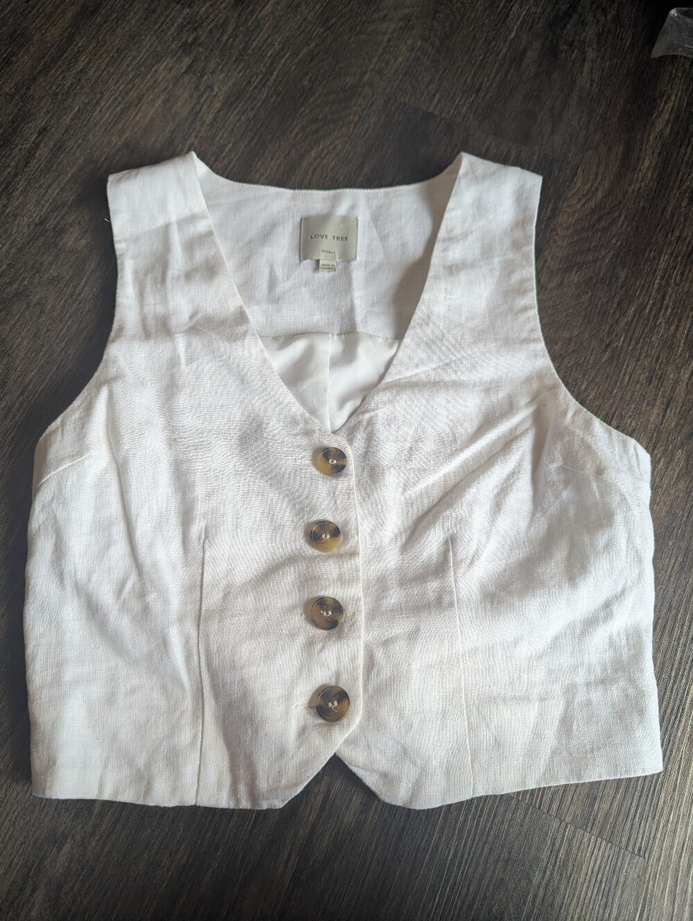 Love Tree White Linen-Blend Button Front Vest